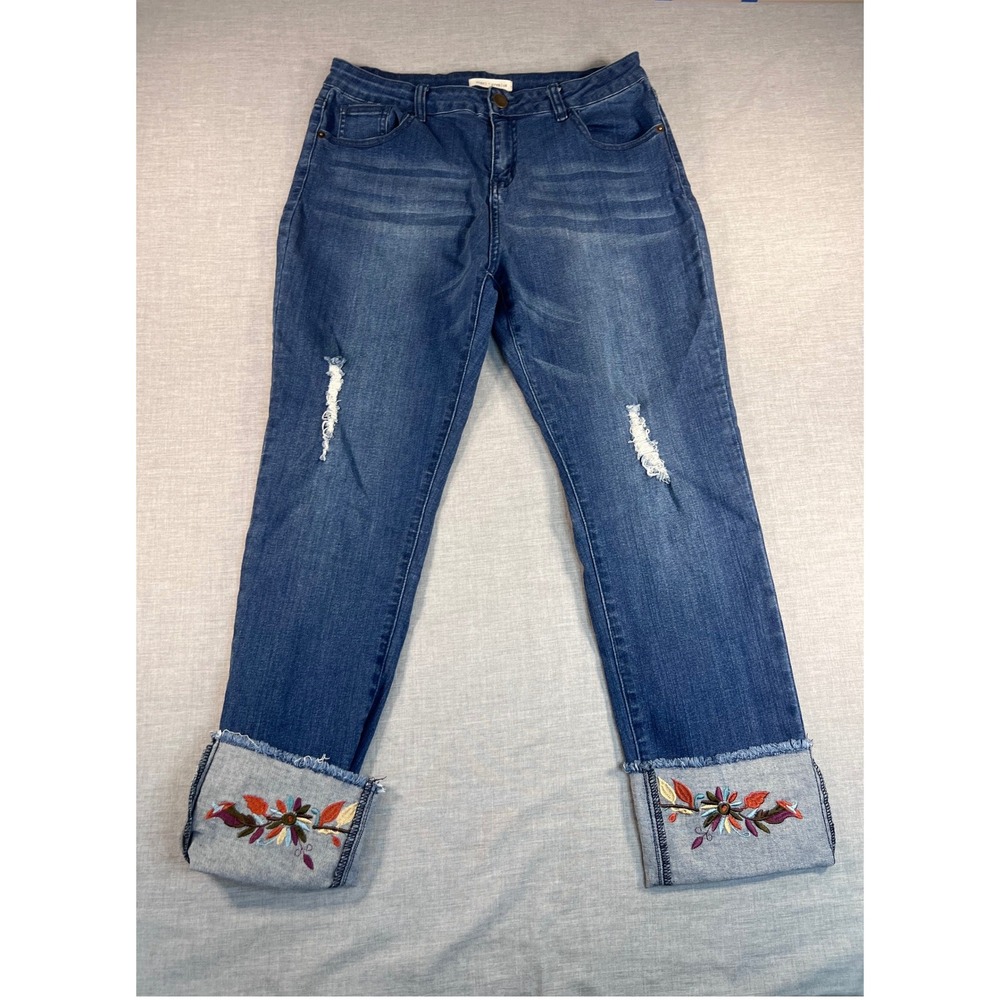 Angel Premium Womens Floral Embroidered Cuff Distressed Straight Leg Jeans 14